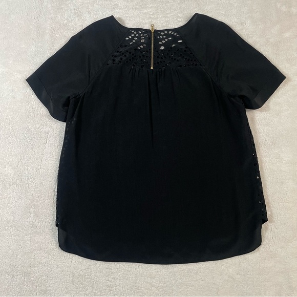 Rebecca Taylor Short Sleeve Hi Low Hem Silk Eyelet T-Shirt Black Women's Size 6 - Picture 4 of 8